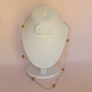 Gold Tone Faux Pearl Caged Bead Station Necklace Classic Minimalist Rope Chain